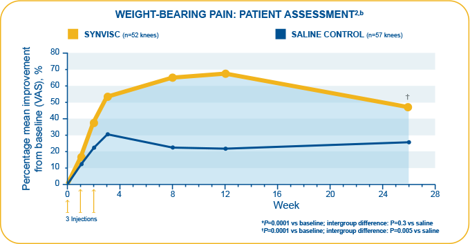 A graph showing SYNVISC® (Hylan G‐F 20) demonstrated significant reduction in OA knee pain relief in clinical studies